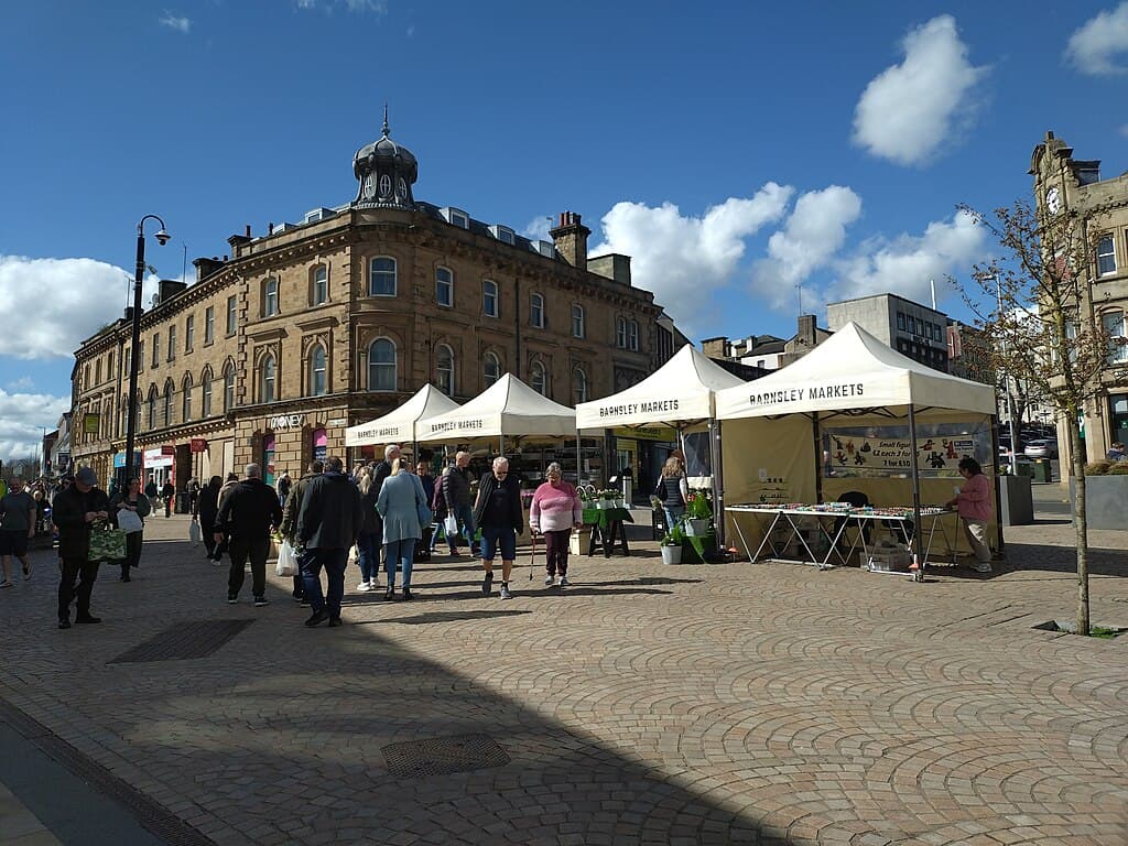 Barnsley town centre on a sunny market day — Eco Heat Surge serves all S70–S75 postcodes